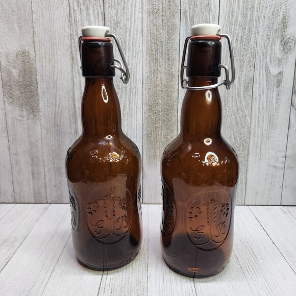 Vintage Grolsch Beer Bottle Amber Brown with Porcelain Swing Top Lid - Set Of 2 - Picture 1 of 6